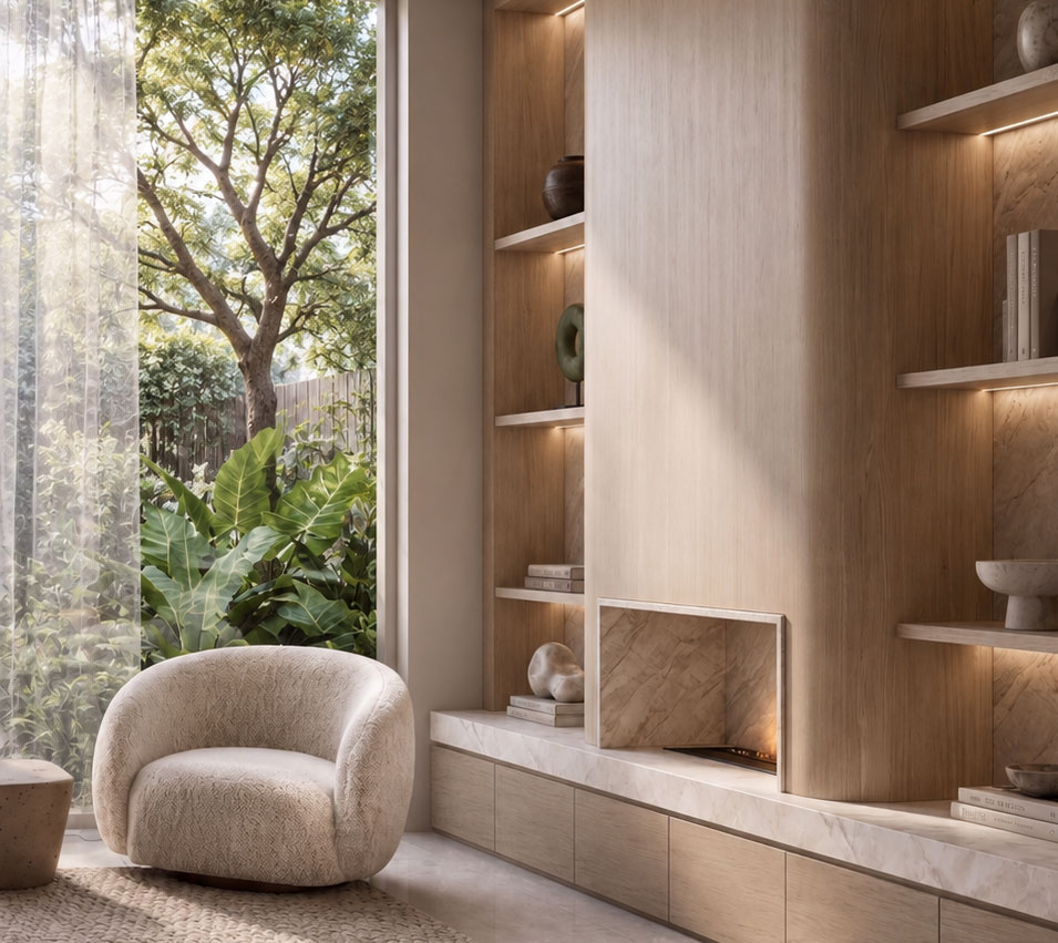 Lilyfield Residence lounge with bouclé occasional chair, custom joinery and established garden outlook — interior design Sydney