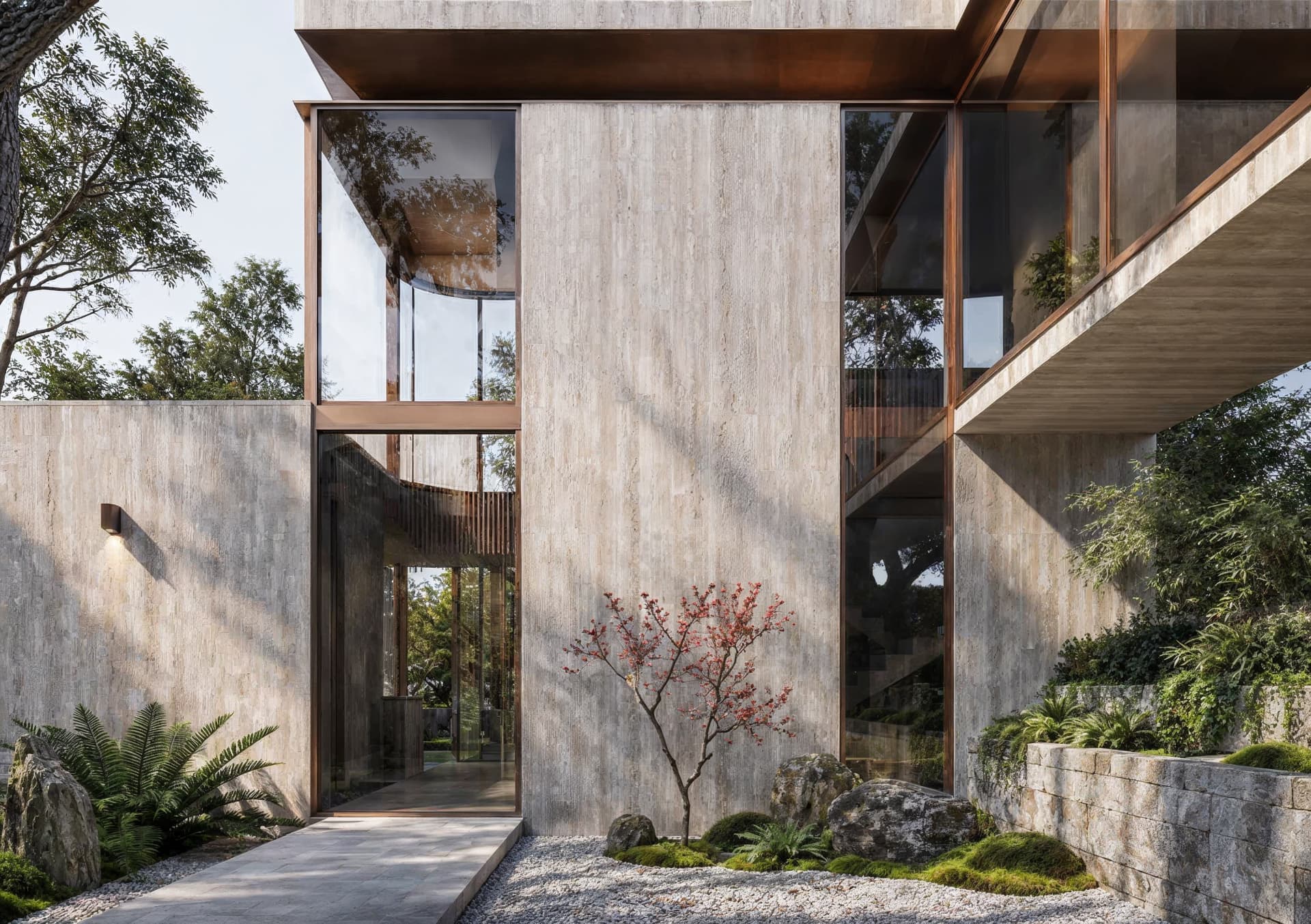 Internal landscaped courtyard in contemporary luxury waterfront house