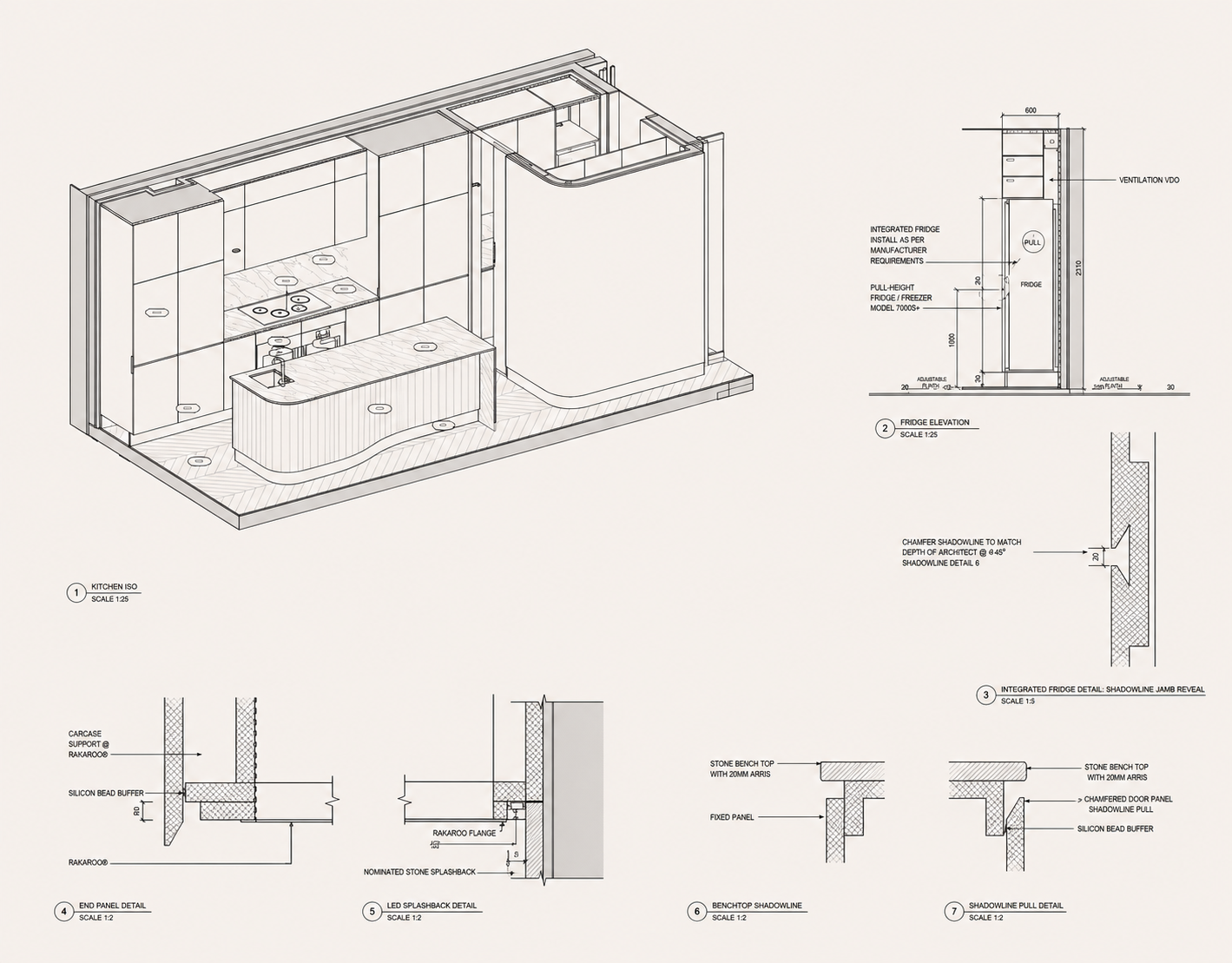 Kitchen elevation and section drawings showing bespoke joinery, drawer set-out and sink detail — interior documentation by Mike & Morlly Architects