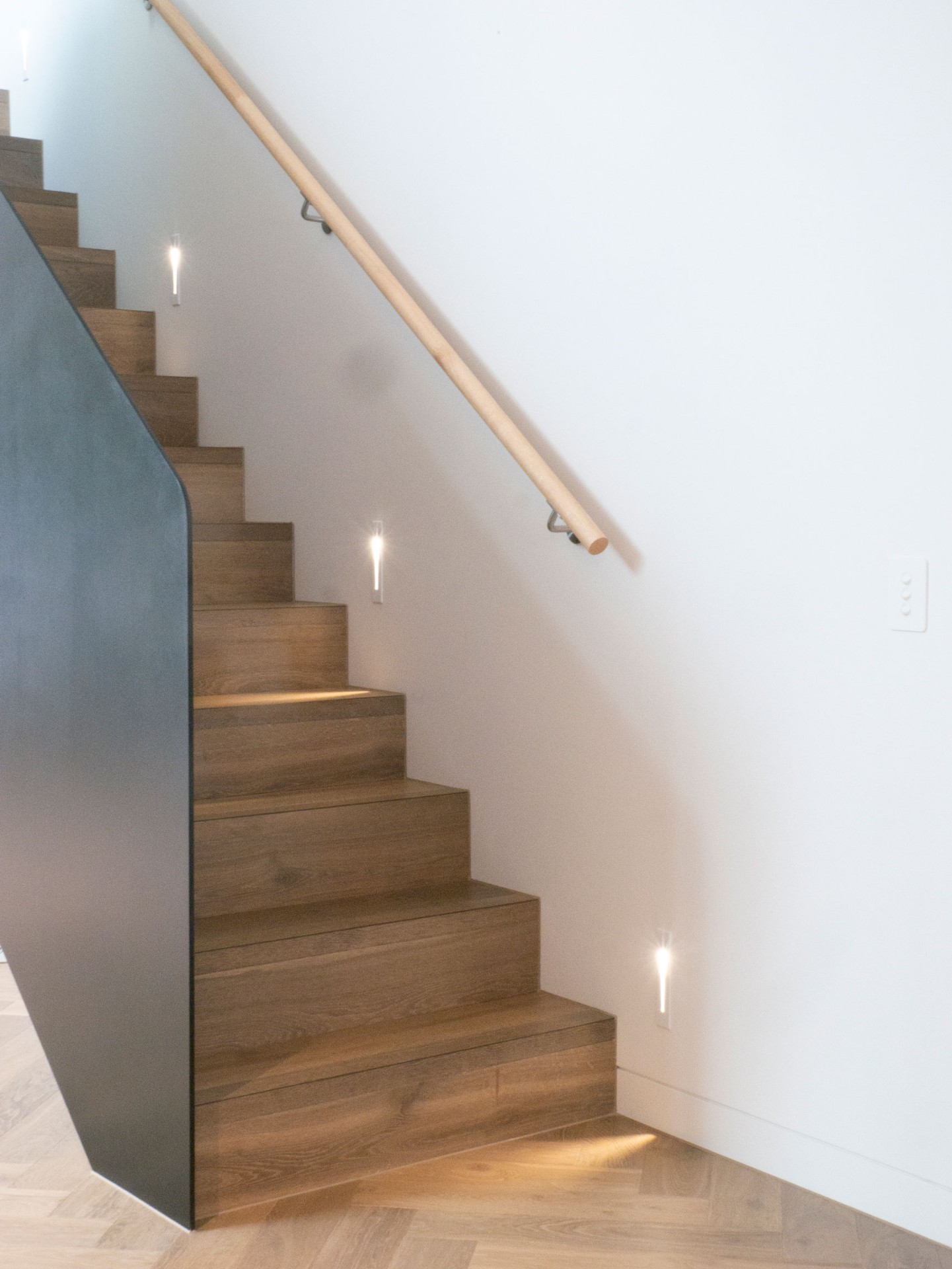 Clara Residence sculptural timber staircase detail with shadow-sm gap and natural light — interior architecture Sydney by Mike & Morlly Architects