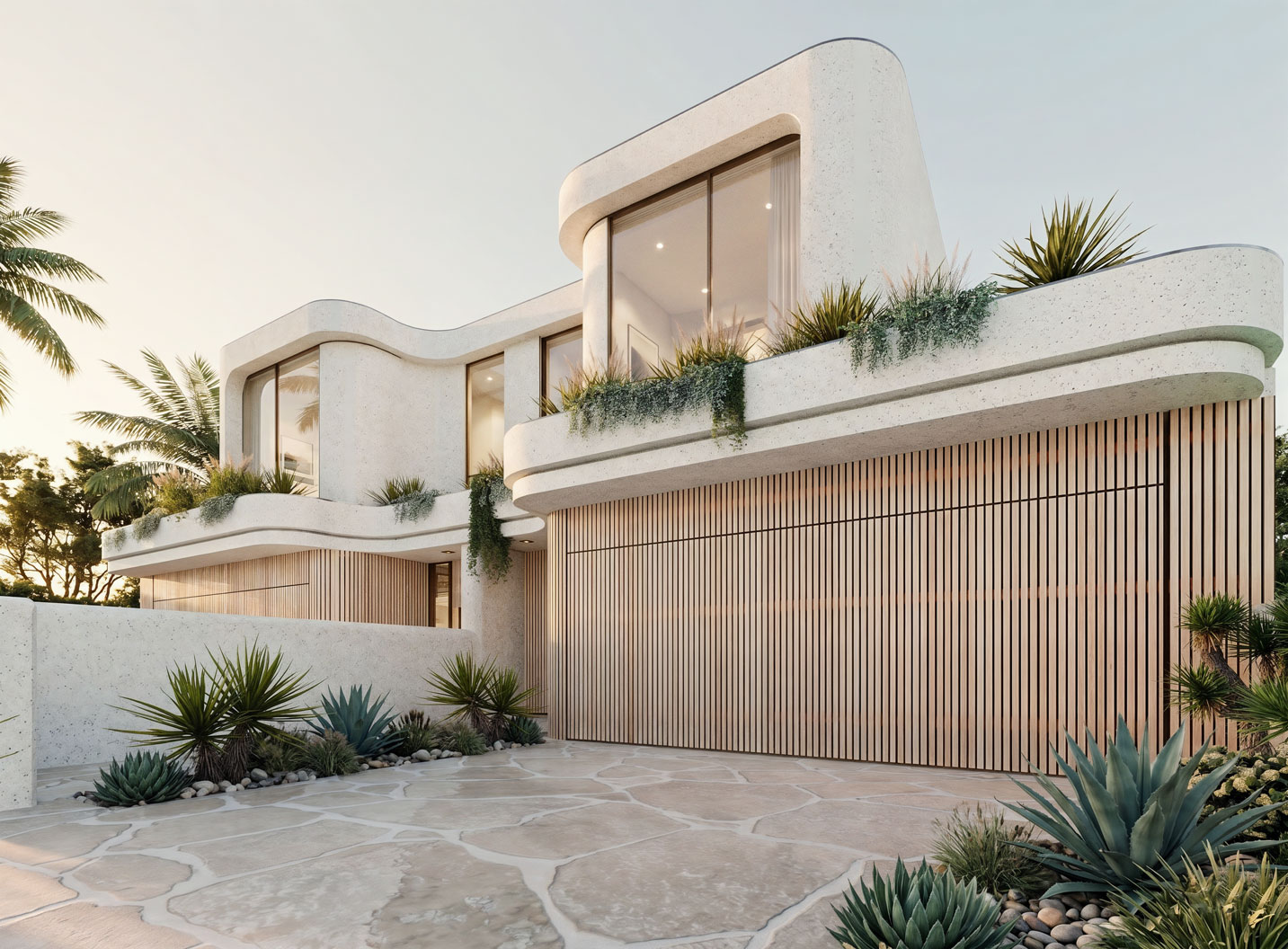 Dual occupancy architect Sydney and Melbourne — Mike & Morlly Architects Black Rock Dual Occupancy — curved rendered facade with timber-slat garage and planted terraces by Mike & Morlly Architects
