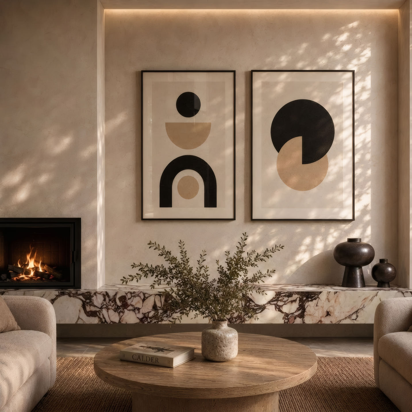 Russell Lea Residence living room fireplace with integrated stone hearth and built-in oak joinery — interior design Sydney