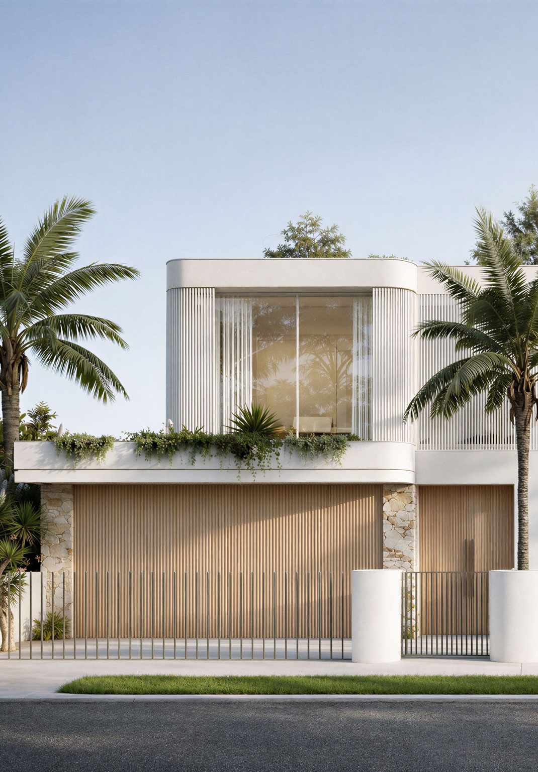 Modern dual occupancy facade with curved fluted forms, natural stone and timber screens — architect designed by Mike & Morlly Architects