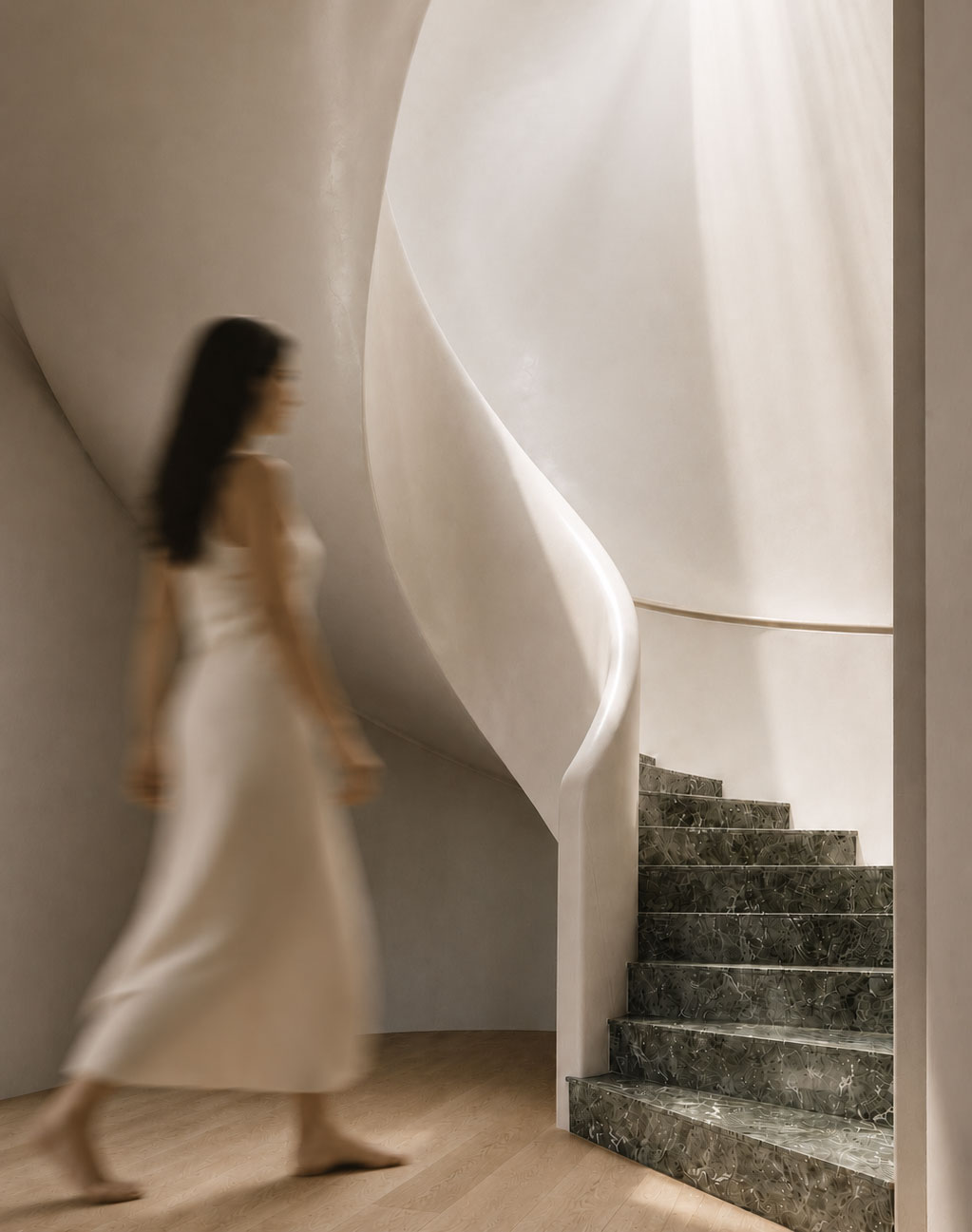 Interior architecture by Mike & Morlly Architects — sculptural curved staircase Sculptural curved staircase with skylight and honed marble treads — interior architecture by Mike & Morlly Architects, Sydney and Melbourne