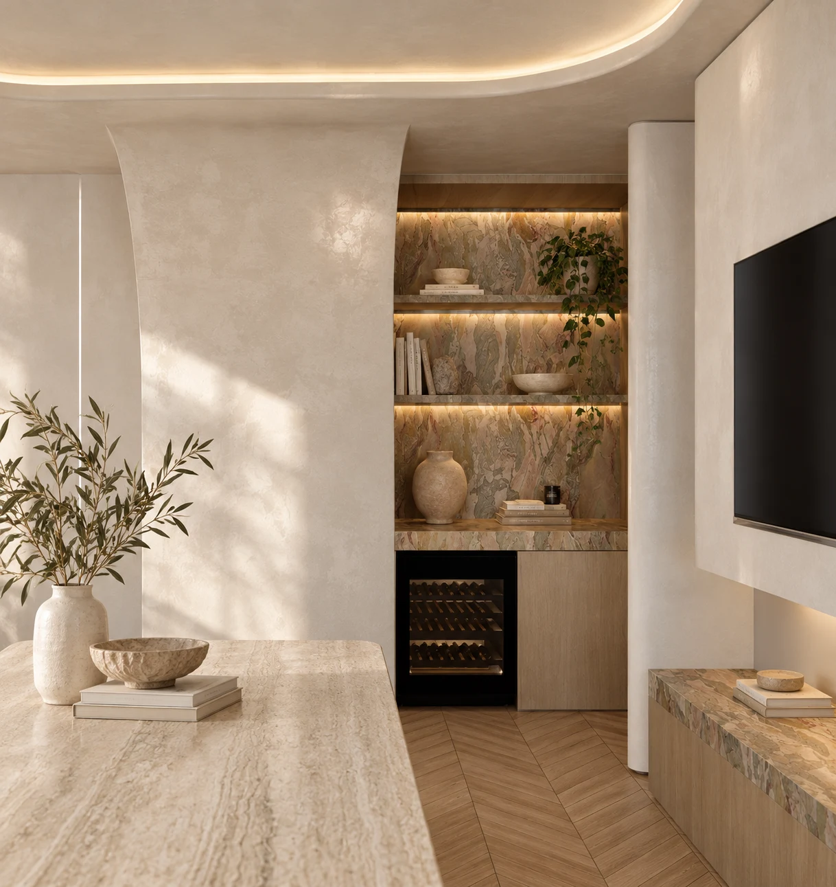 Proposed interior design of Mike and Morlly Architects' Watsons Bay studio, with a curved ceiling, stone joinery and natural timber