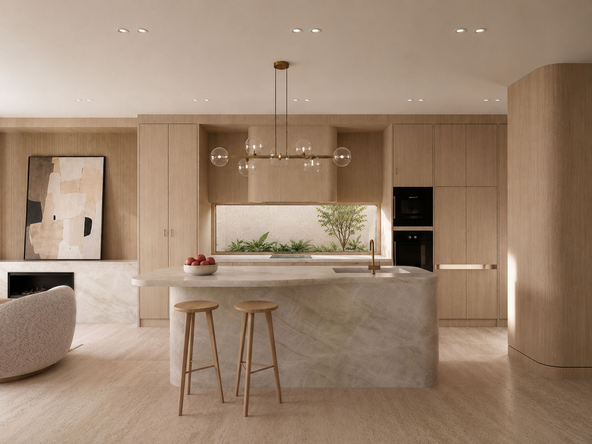 Russell Lea Residence open-plan kitchen with curved stone island, oak joinery, brass globe pendant and fireplace — interior design by Mike & Morlly Architects, Sydney