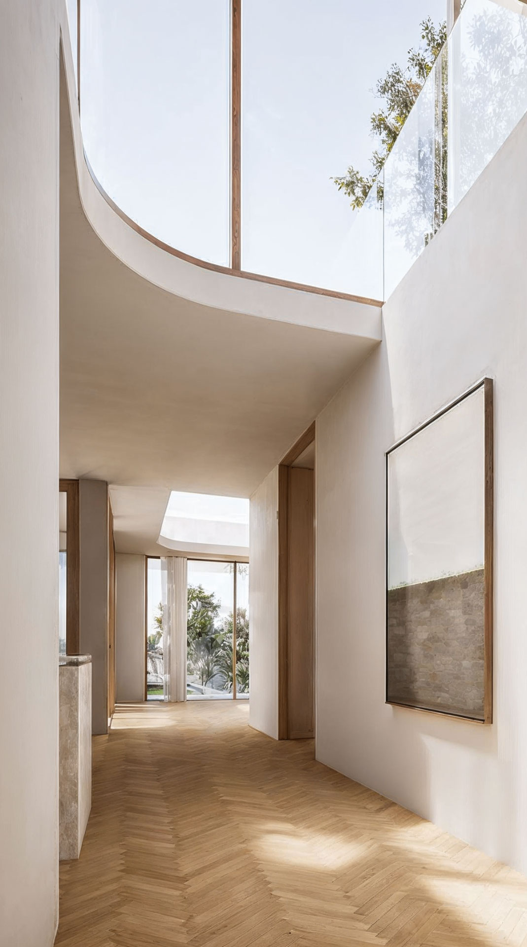 Lane Cove Residence hallway with curved plaster ceiling, clerestory glazing and herringbone timber floor — interior architecture Sydney