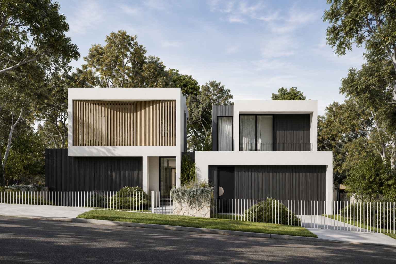 Contemporary dual occupancy duplex residences street view by Mike and Morlly Architects