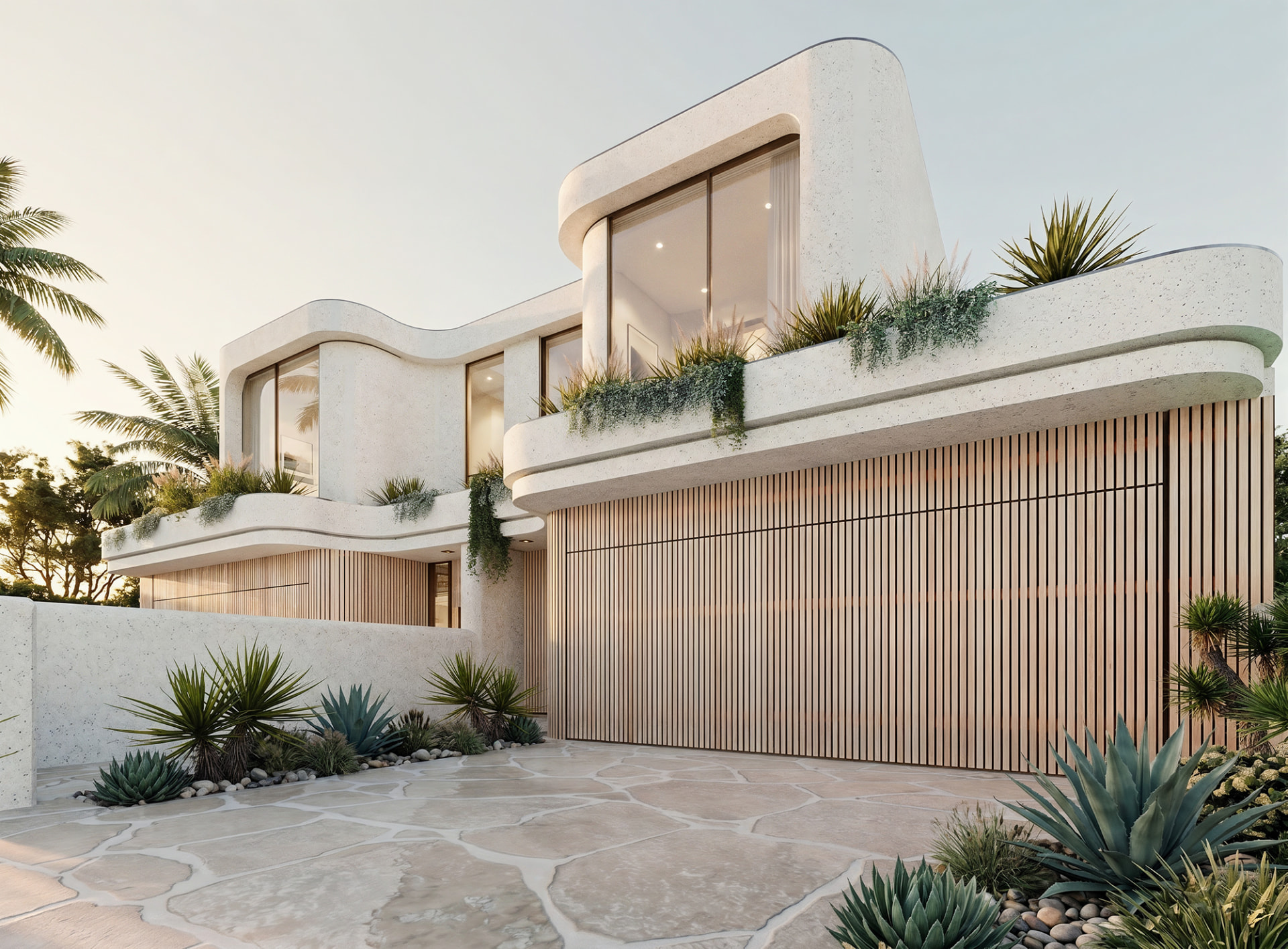 Contemporary dual occupancy duplex street frontage with timber slat garage in Sydney by Mike and Morlly Architects