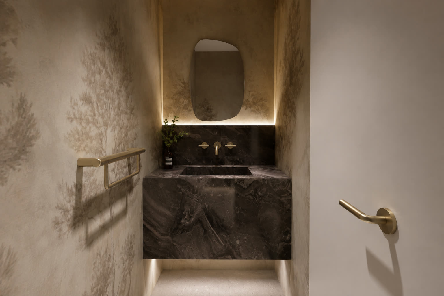 Luxury powder room with Grigio Orobico marble vanity, botanical wallpaper and brass fittings.
